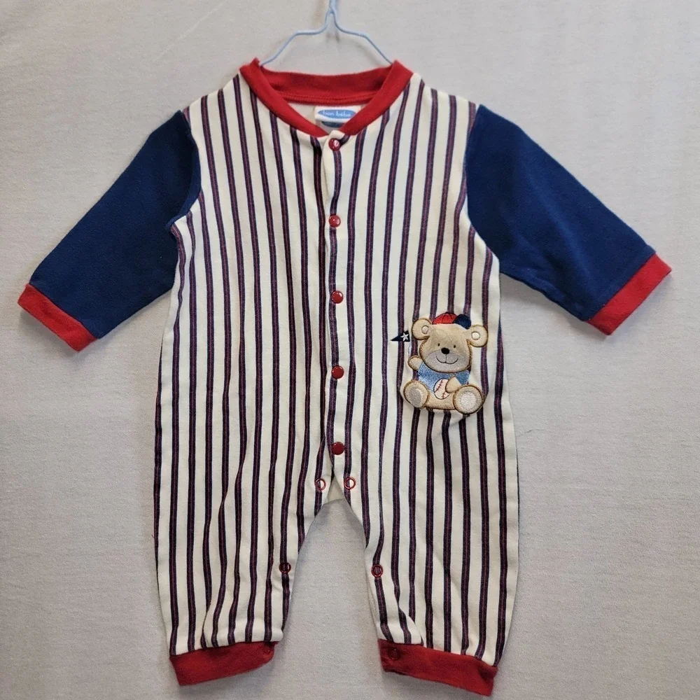 Vtg Bon Bebe Baseball Snap Romper‎ Pinstripe Bear Cream Navy Red 6-9 Months
